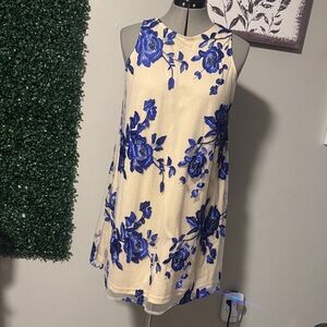 Beige by eci Cream Shift Dress with Royal Blue Floral Embroidery